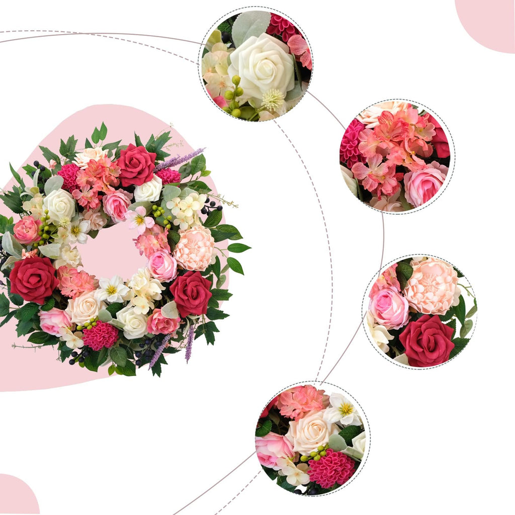 Close-up of a vibrant artificial floral wreath with roses, dahlias, and greenery, with inset circular views of floral clusters.