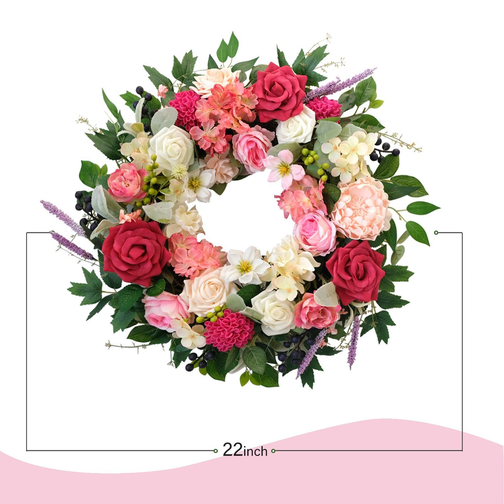 22-inch artificial floral wreath with roses, dahlias, and greenery on a white background