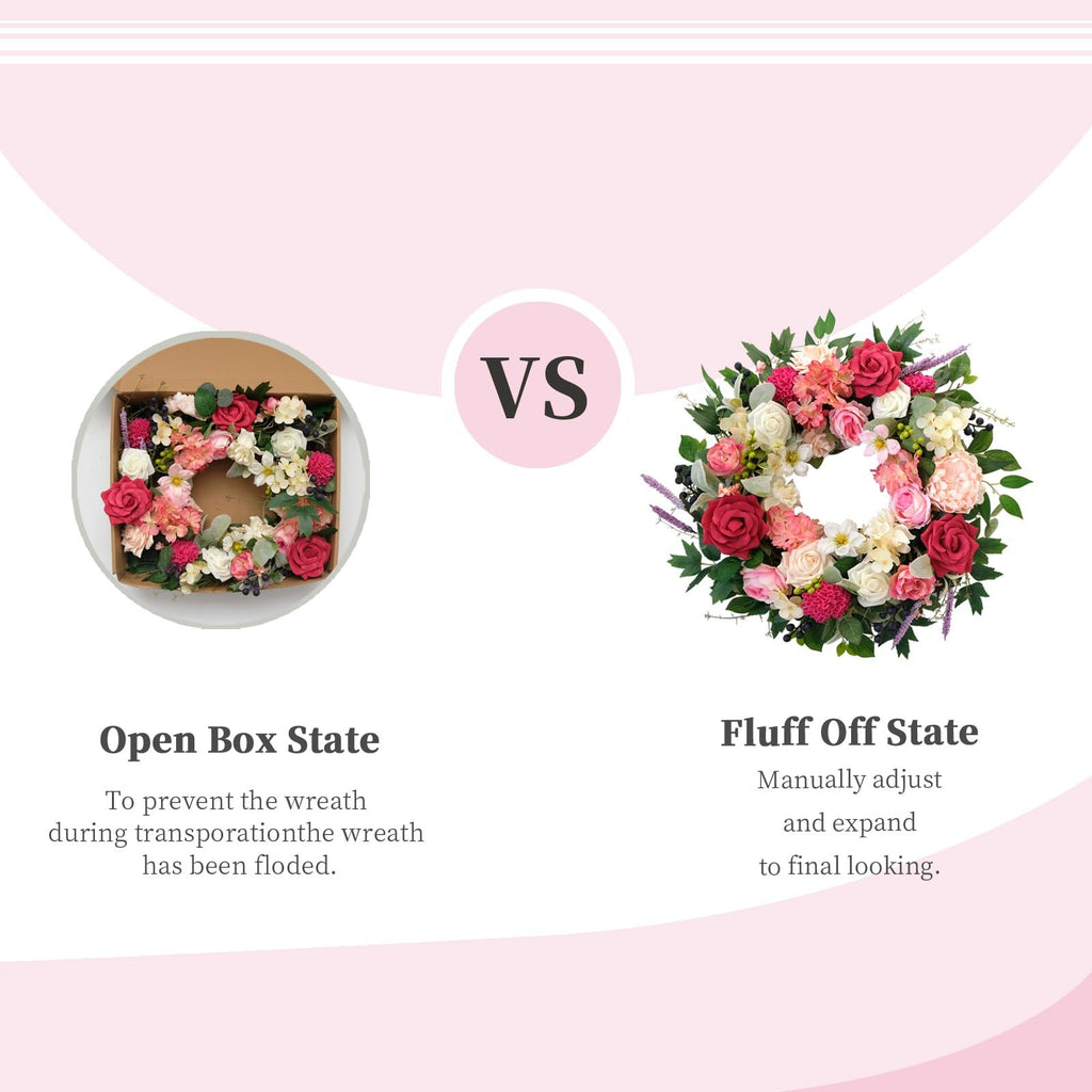 Artificial floral wreath comparison: one in box, one fluffed out