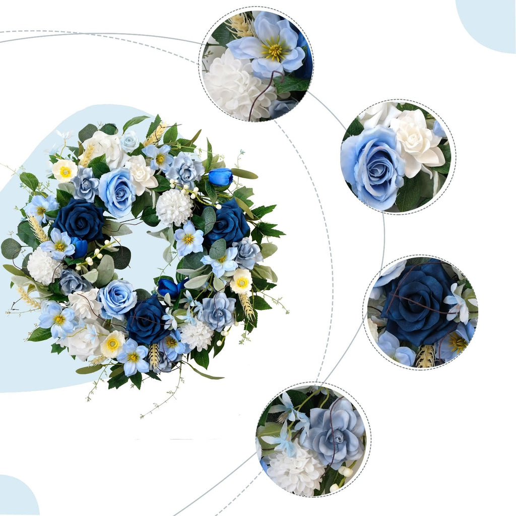 Blue artificial floral wreath with roses, dahlias, hydrangeas, and green leaves, shown with close-up detail shots.