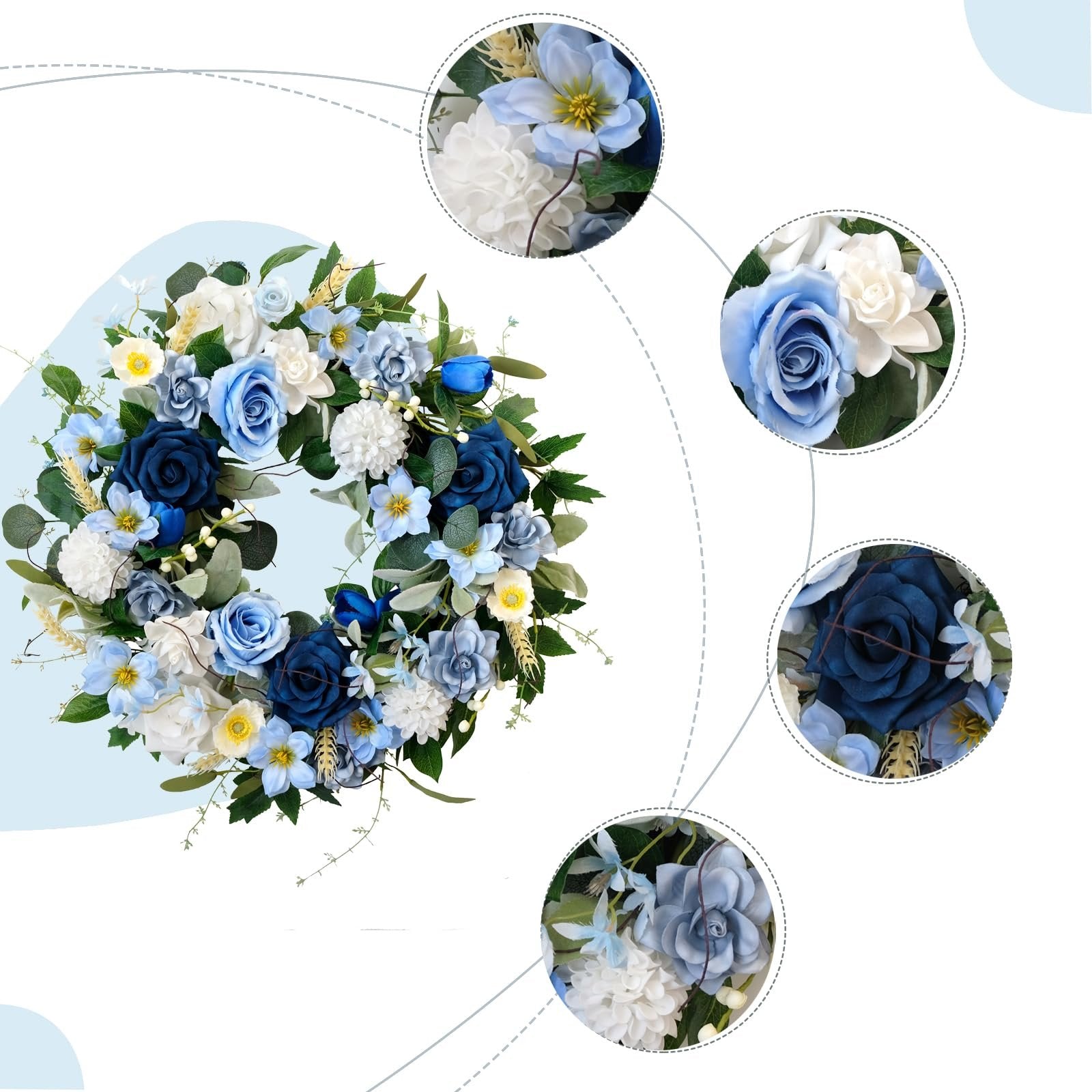 Blue artificial floral wreath with roses, dahlias, hydrangeas, and green leaves, shown with close-up detail shots.