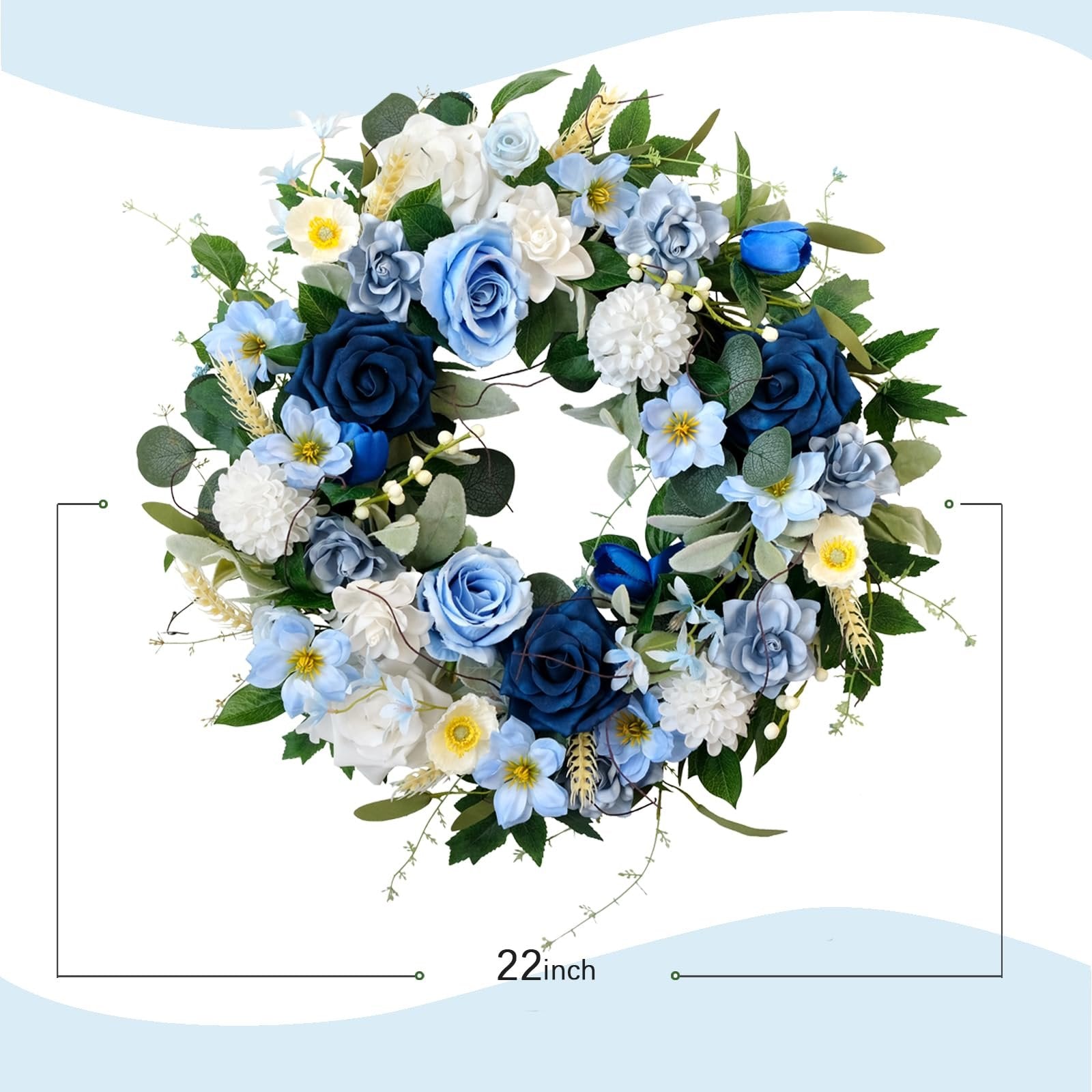 Blue floral wreath with roses, dahlias, hydrangeas, and green leaves, showing 22-inch diameter measurement.