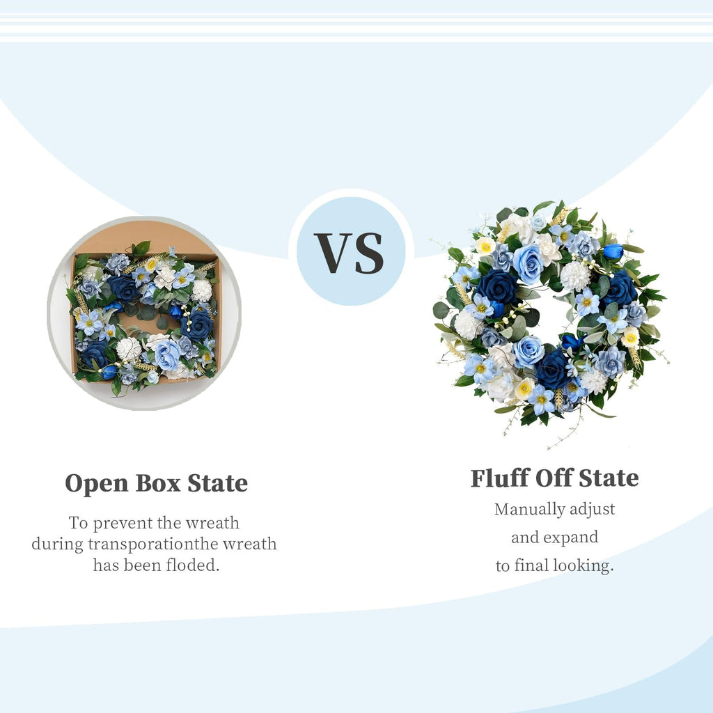 Blue floral wreath shown in box and fluffed out, with text comparing states