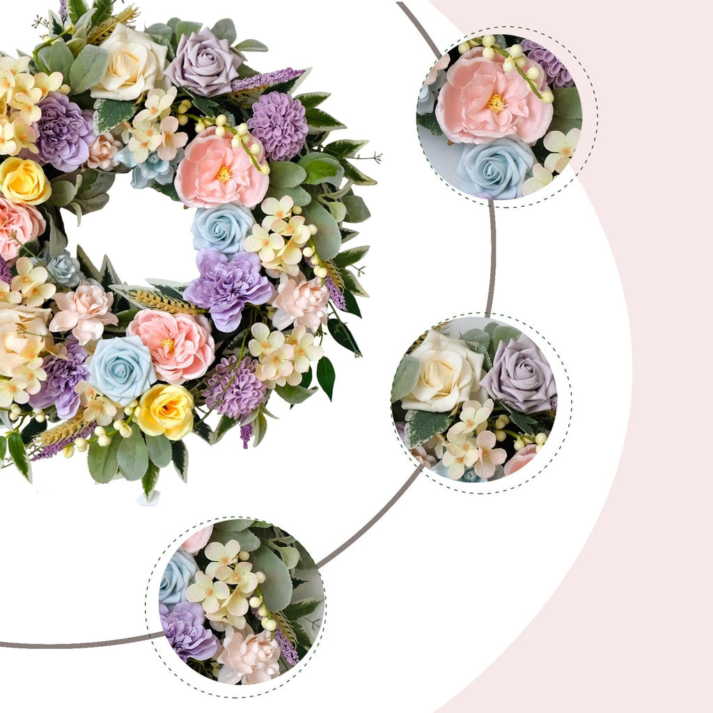 Close-up of a pastel floral wreath with roses, peonies, and hydrangeas, with inset circular views of the arrangement.