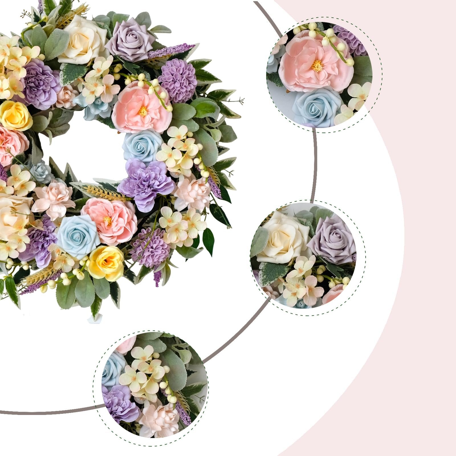 Close-up of a pastel floral wreath with roses, peonies, and hydrangeas, with inset circular views of the arrangement.