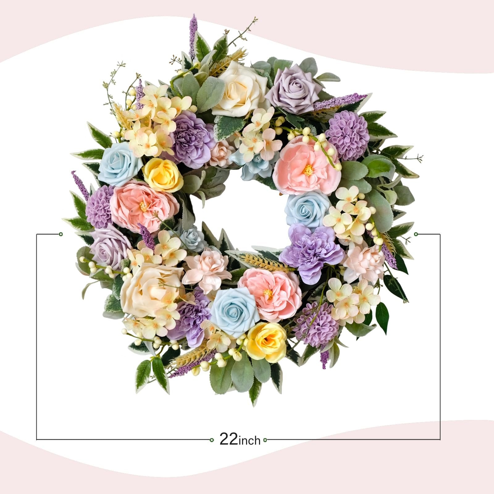 Artificial floral wreath with roses, peonies, hydrangeas, and leaves, showing 22-inch diameter measurement.