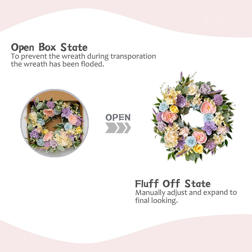 Artificial floral wreath shown in box and fluffed state with text explaining how to expand it.