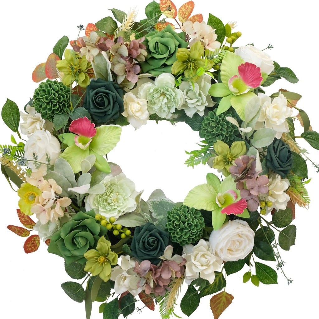 22 inch artificial floral wreath with orchids, roses, hydrangea, eucalyptus, and assorted greenery on a white background.