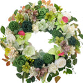 22 inch artificial floral wreath with orchids, roses, hydrangea, eucalyptus, and assorted greenery on a white background.
