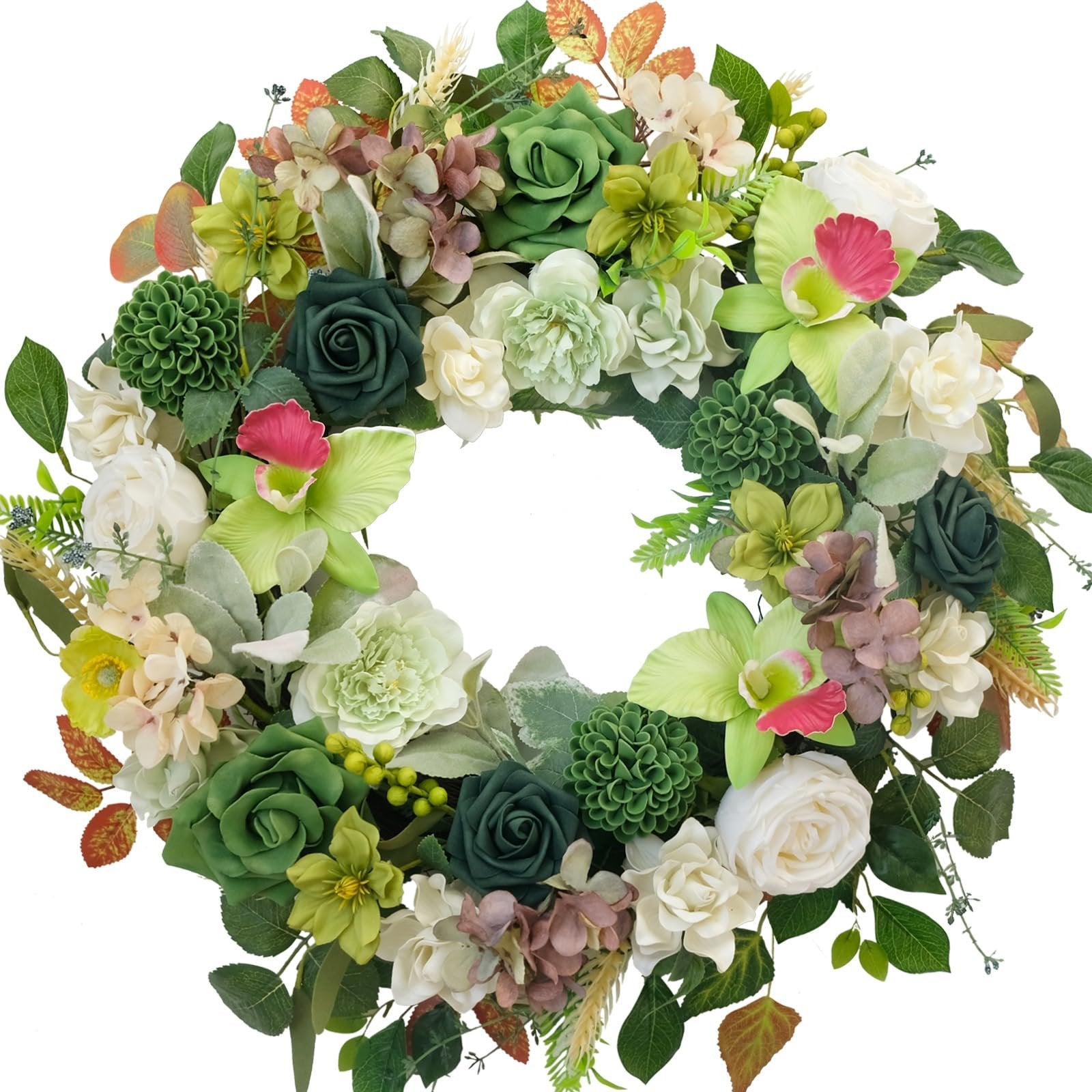 22 inch artificial floral wreath with orchids, roses, hydrangea, eucalyptus, and assorted greenery on a white background.