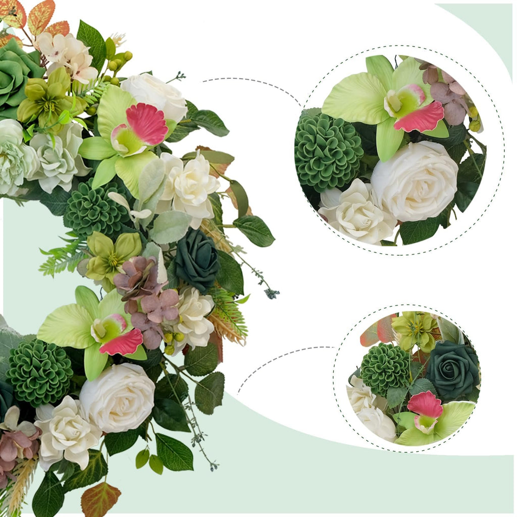 Artificial floral wreath with orchids, roses, hydrangeas, and eucalyptus leaves, shown with close-up insets.