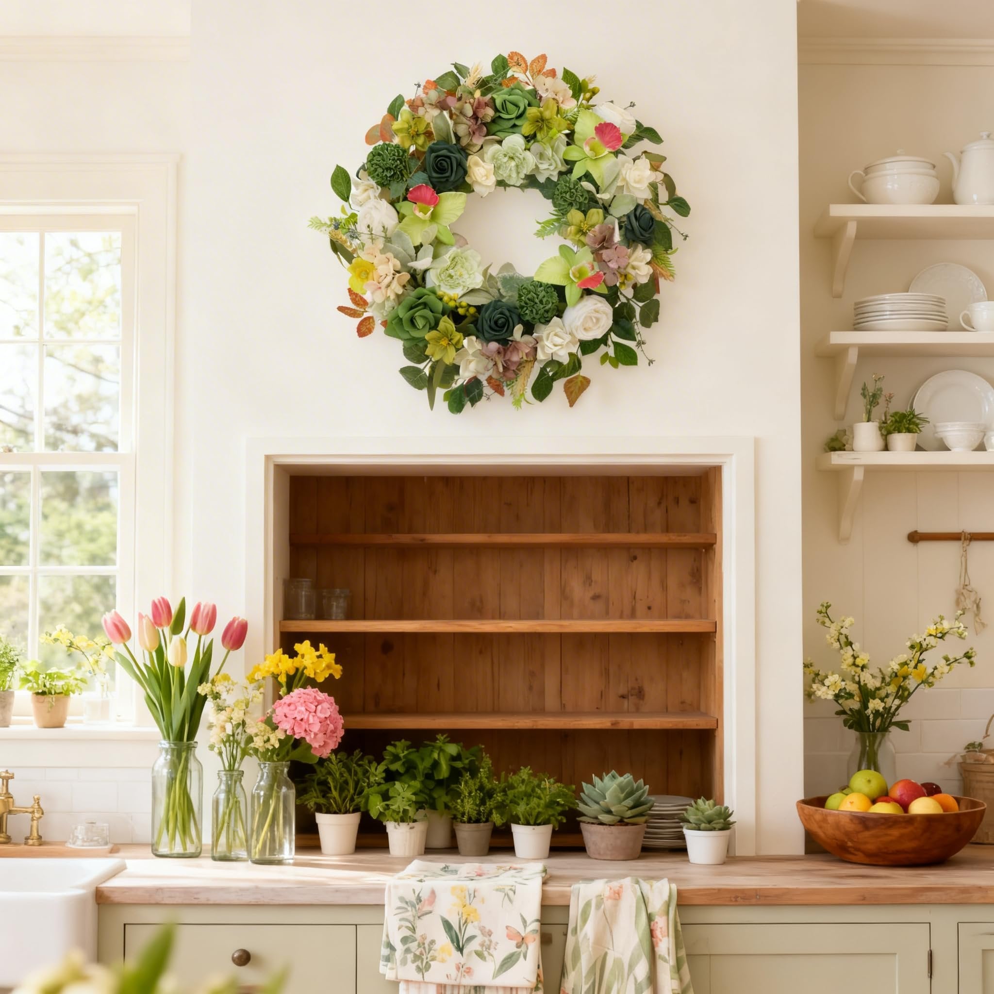Artificial orchid and rose wreath with eucalyptus and hydrangea hanging above a kitchen counter with plants and fruit.