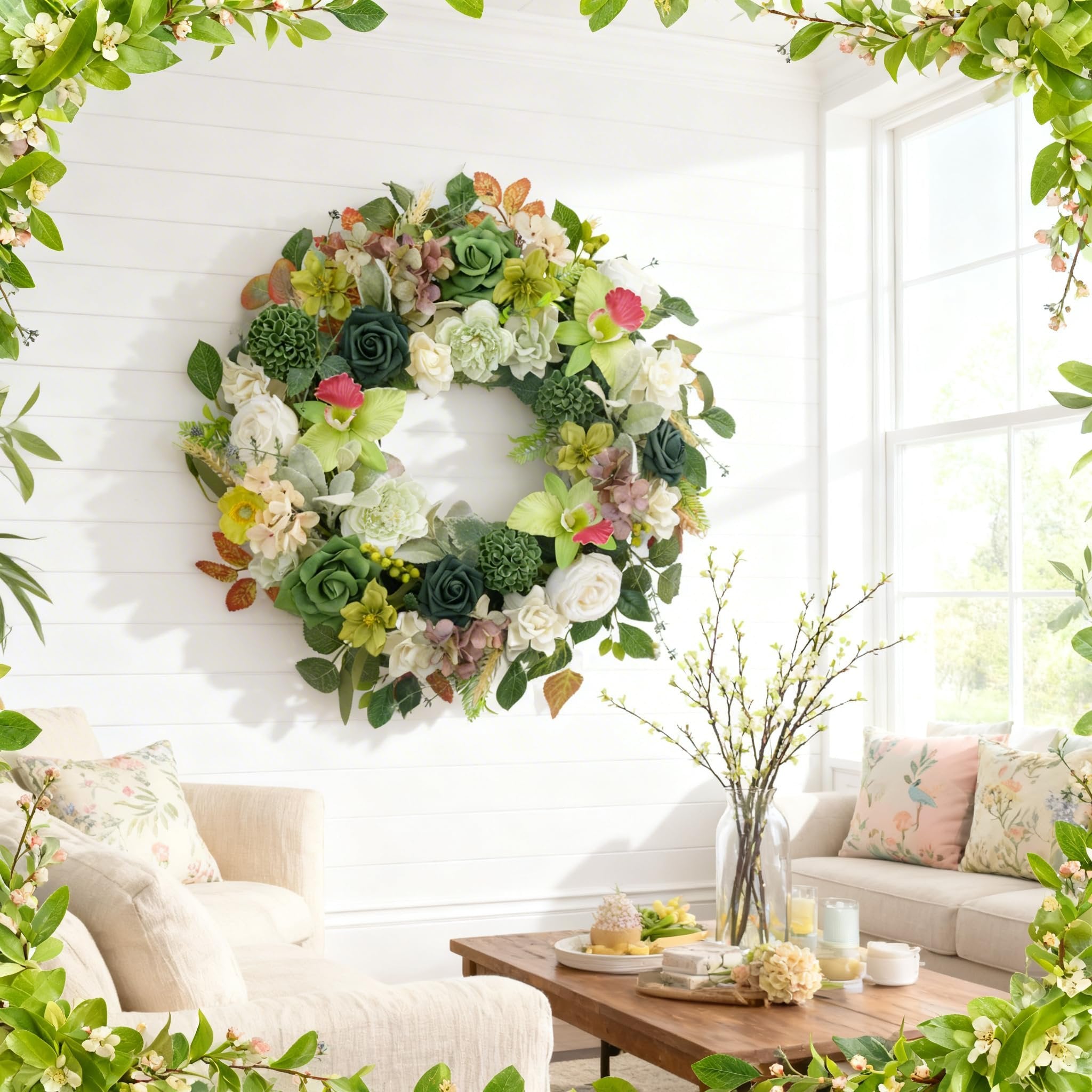 Artificial spring wreath with orchids, roses, hydrangea, and eucalyptus hanging on a wall above a sofa.