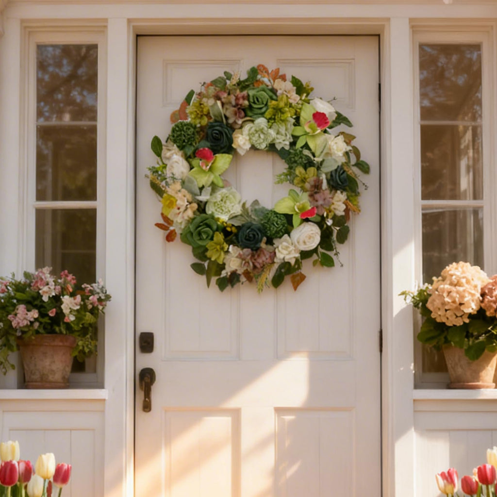 Front door decorated with a lush artificial spring wreath featuring orchids, roses, hydrangea, and eucalyptus. Potted flowers flank the door.