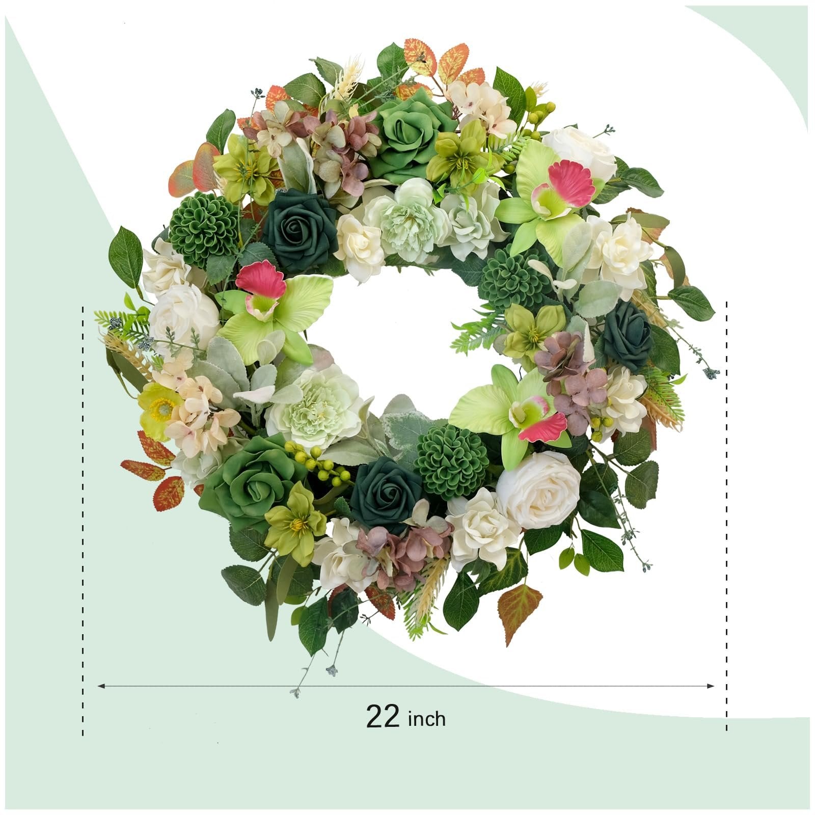 22 inch artificial orchid and rose wreath with hydrangea and eucalyptus on a white background
