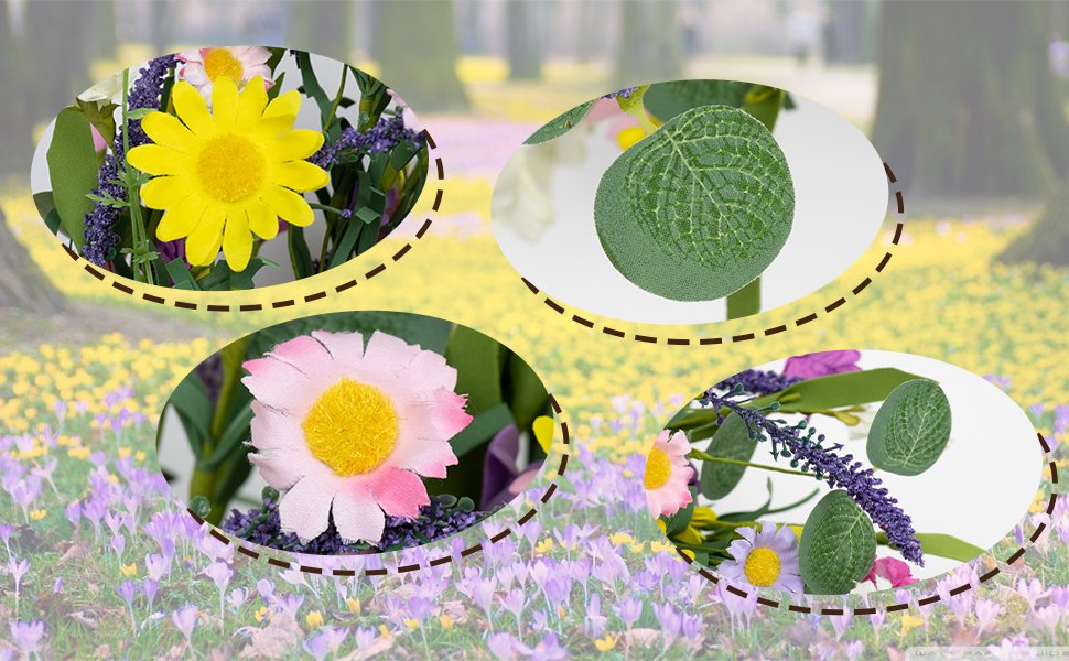 Collage of close-up views of an artificial spring wreath with daisies, lavender, and green leaves.
