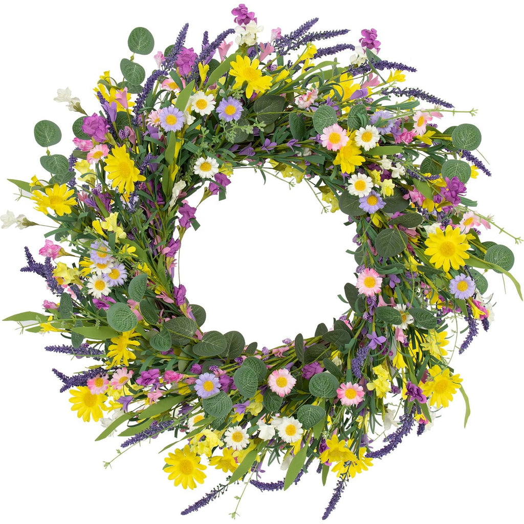 22 inch artificial spring wreath with daisies, lavender, jasmine, and wildflowers on a grapevine base, shown from the front.