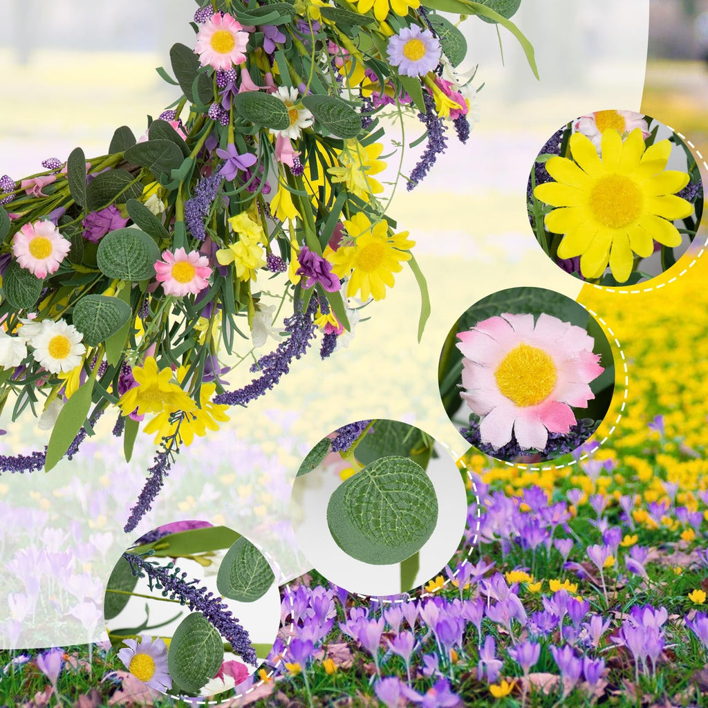 Artificial spring wreath with daisies, lavender, jasmine, and wildflowers on a grapevine base, shown with close-up insets of flowers and leaves.