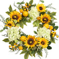 22-inch artificial sunflower wreath with hydrangeas, lemons, and berries, front view on white background