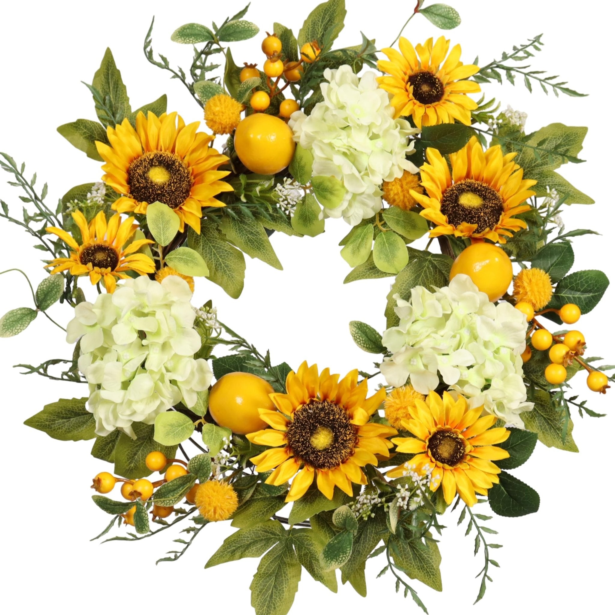 22-inch artificial sunflower wreath with hydrangeas, lemons, and berries, front view on white background
