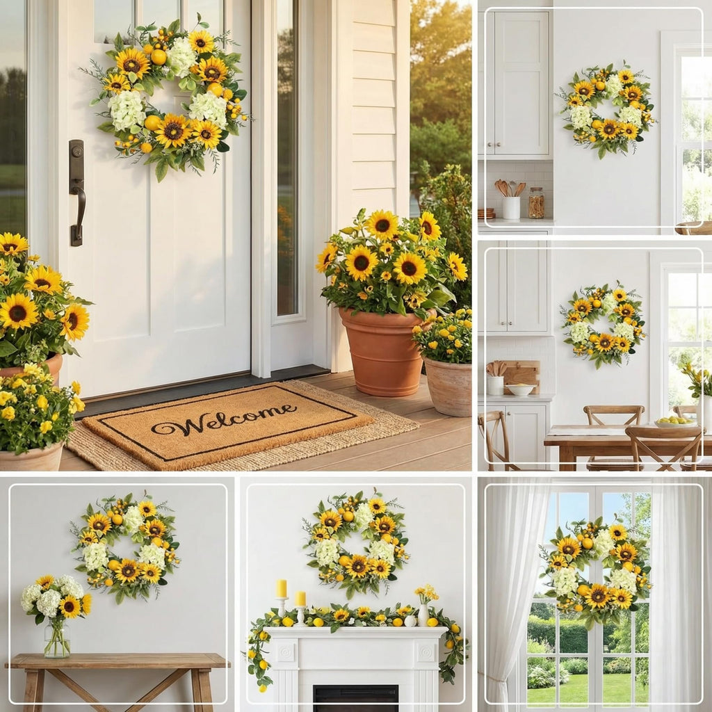 Collage of artificial sunflower wreaths with hydrangeas, lemons, and berries displayed in various home settings.