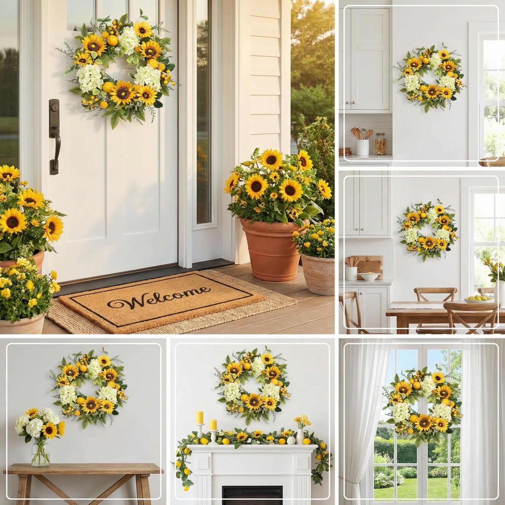 Collage of artificial sunflower wreaths with hydrangeas, lemons, and berries displayed in various home settings.