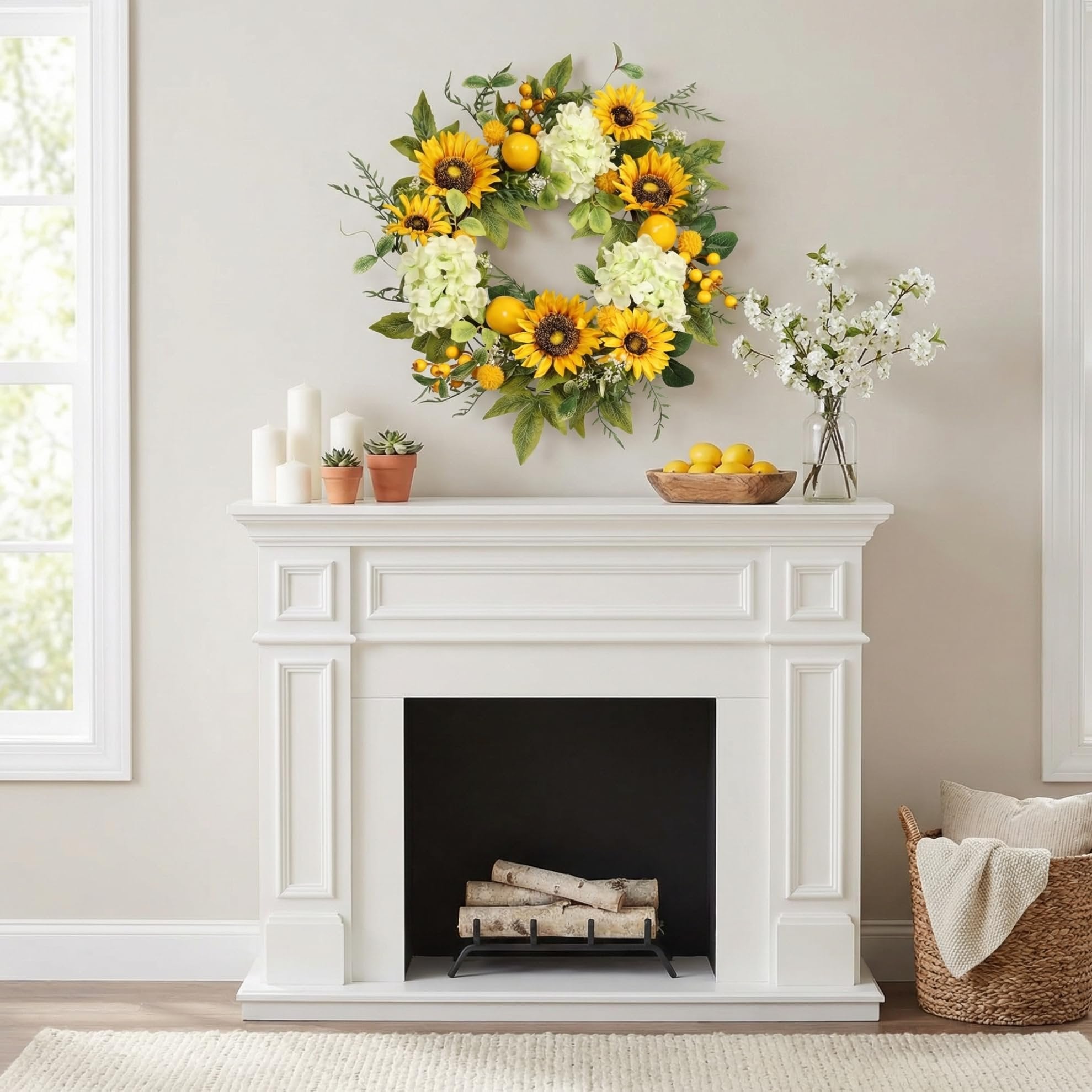 Artificial sunflower wreath with hydrangeas, lemons, and berries hanging above a fireplace mantel