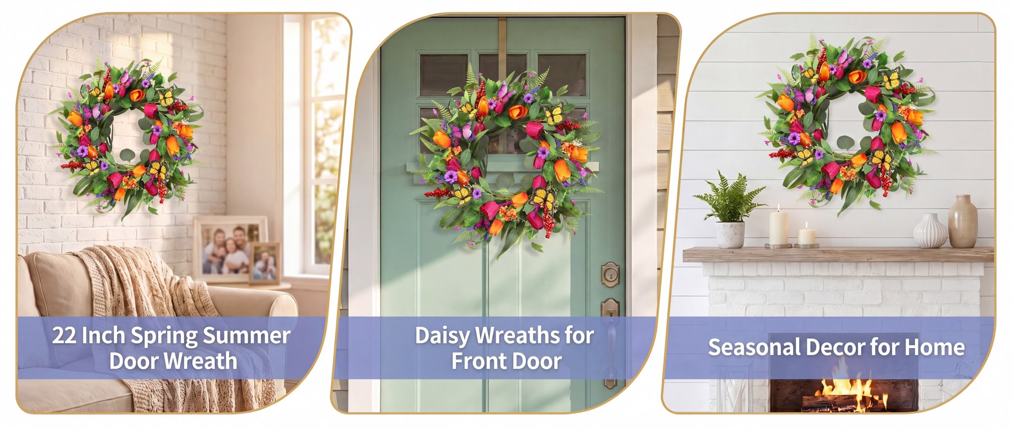 Collage of three images showing a colorful artificial tulip wreath with butterflies, displayed on a brick wall, a front door, and above a fireplace.
