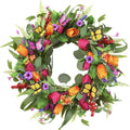 22 inch artificial tulip wreath with silk greenery and butterflies on a white background