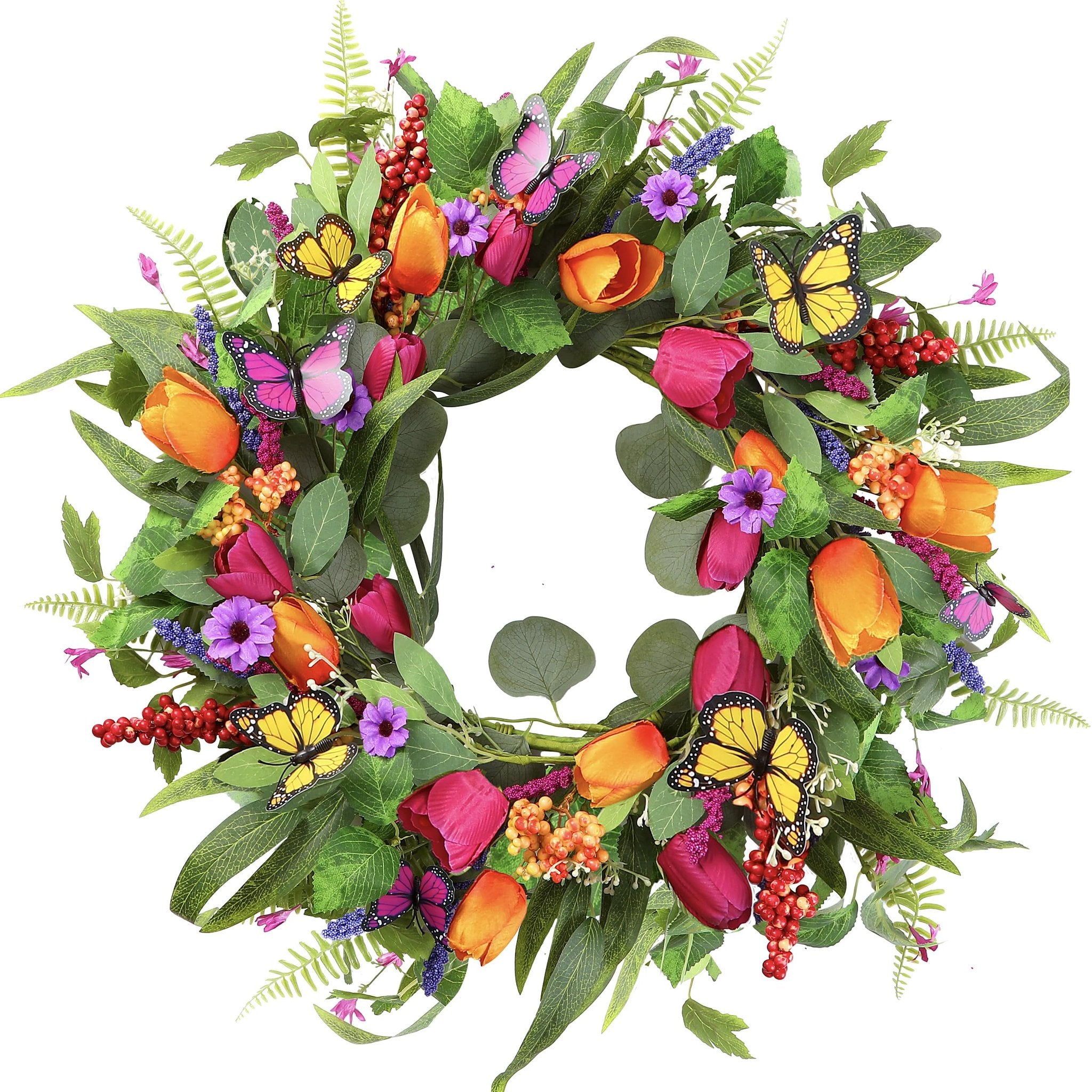 22 inch artificial tulip wreath with silk greenery and butterflies on a white background