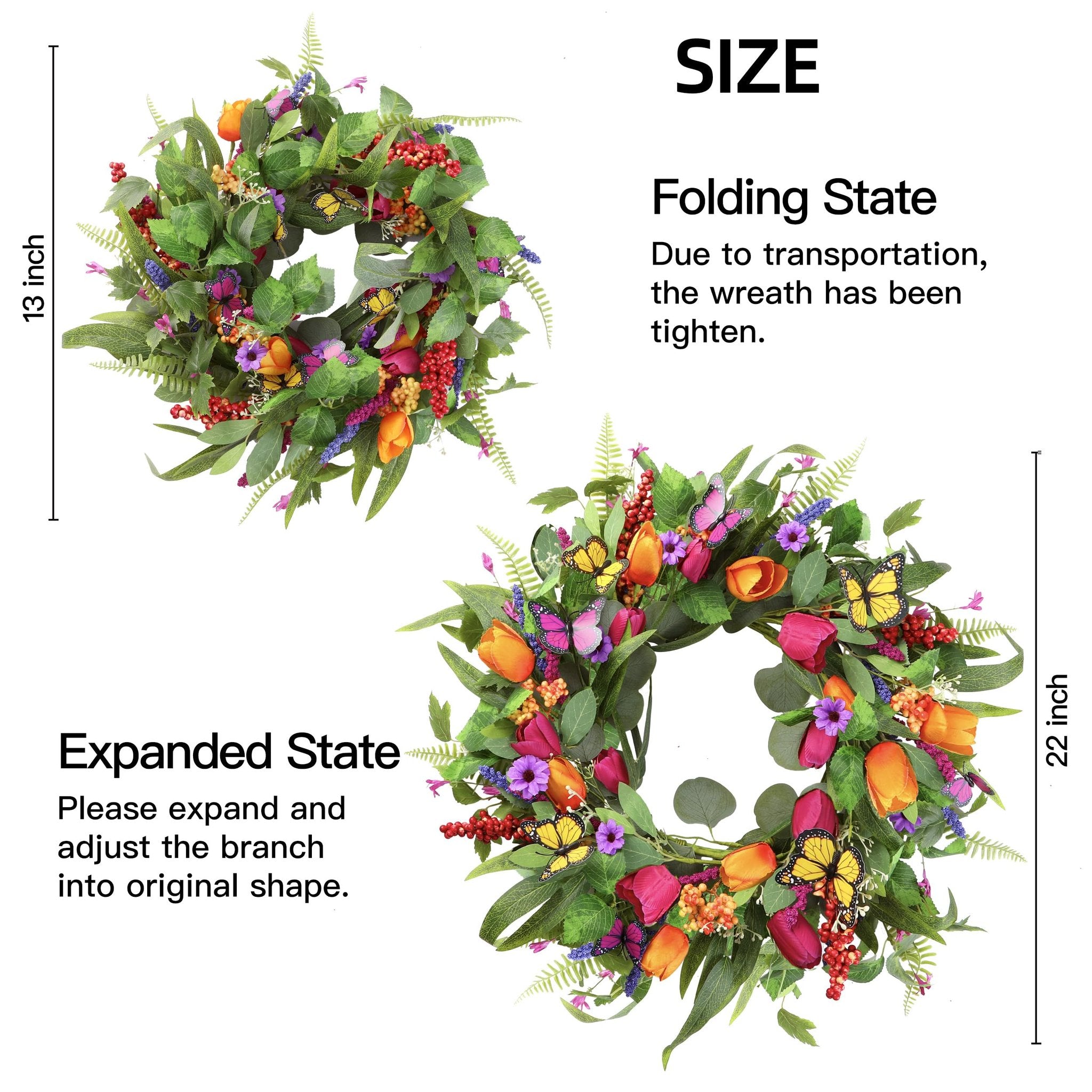 Two artificial tulip wreaths with silk greenery and butterflies, one shown folded at 13 inches and one expanded at 22 inches.
