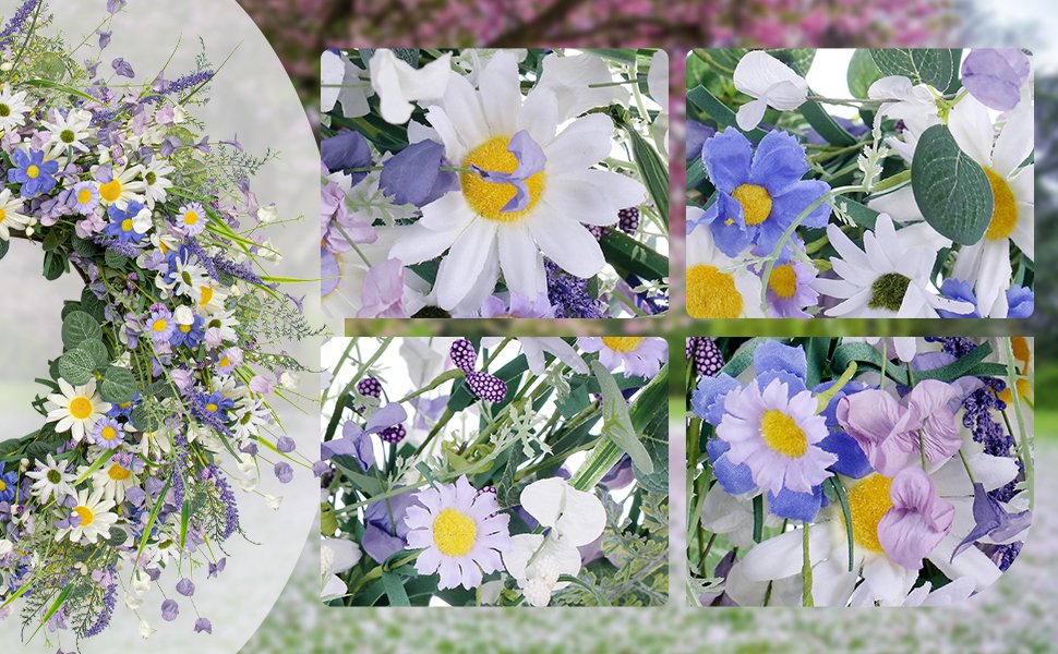 Wreath with daisies, lavender, wildflowers, and eucalyptus leaves, shown in a collage of close-up views.