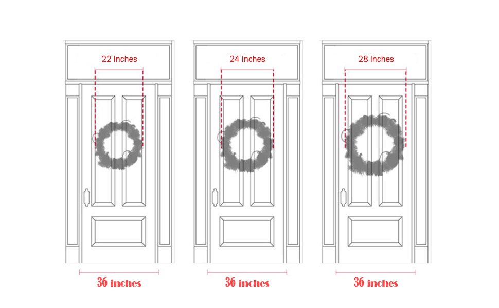 Three door outlines showing different wreath sizes: 22, 24, and 28 inches, with door width indicated as 36 inches.