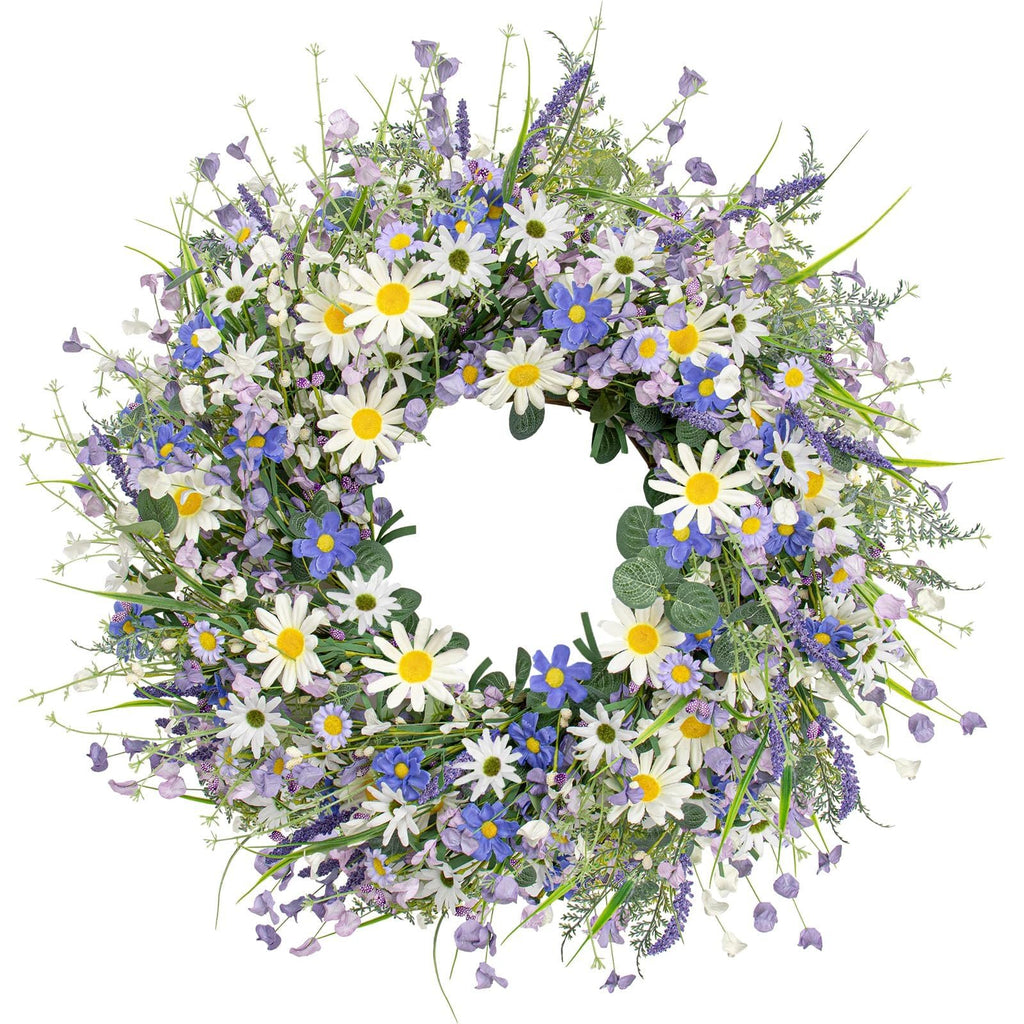 22-inch blue summer wreath with daisies, lavender, wildflowers, and eucalyptus on a white background