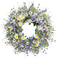 22-inch blue summer wreath with daisies, lavender, wildflowers, and eucalyptus on a white background