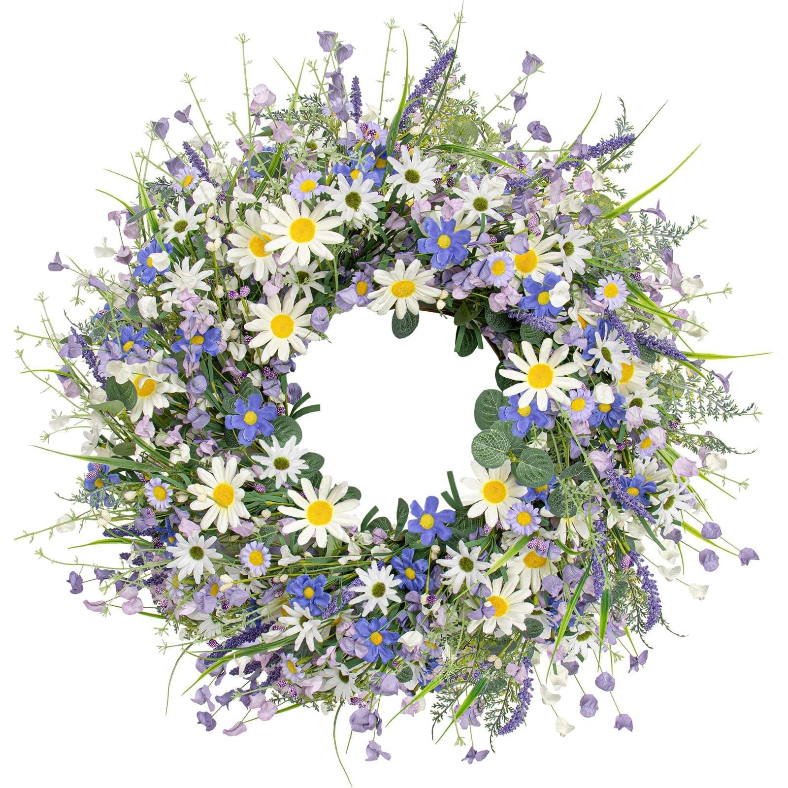 22-inch blue summer wreath with daisies, lavender, wildflowers, and eucalyptus on a white background