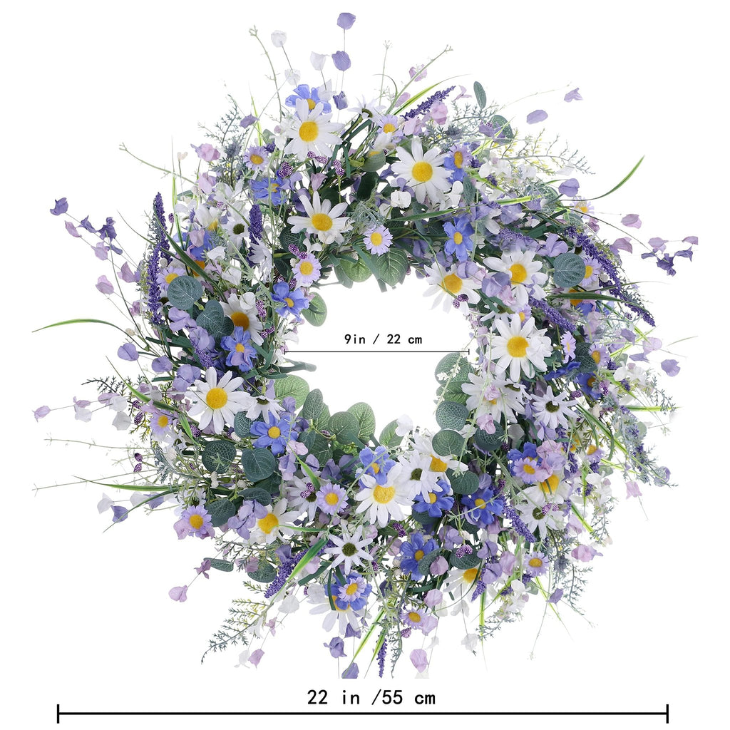 22-inch blue summer wreath with daisies, lavender, wildflowers, and eucalyptus on a white background