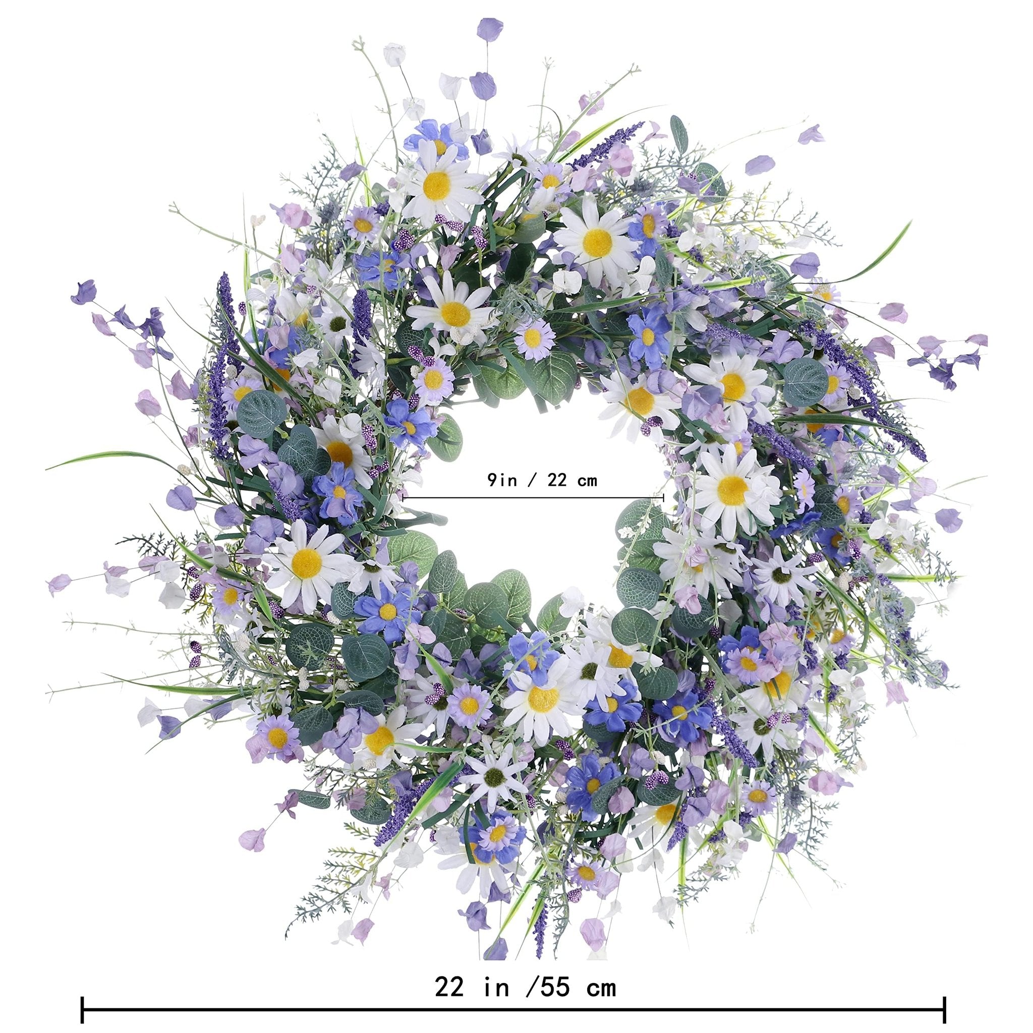 22-inch blue summer wreath with daisies, lavender, wildflowers, and eucalyptus on a white background