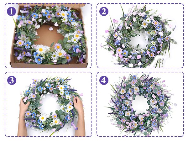 Four images showing a spring daisy wreath with lavender and eucalyptus, including its packaging and being held.