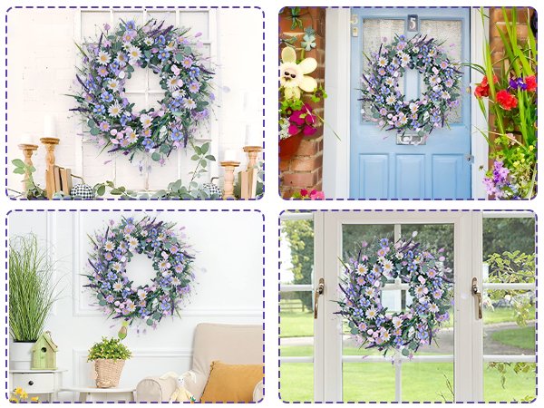 Spring daisy and lavender wreath with eucalyptus displayed on a white wall, blue door, and window