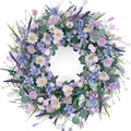 22 inch spring daisy wreath with lavender and eucalyptus on a white background