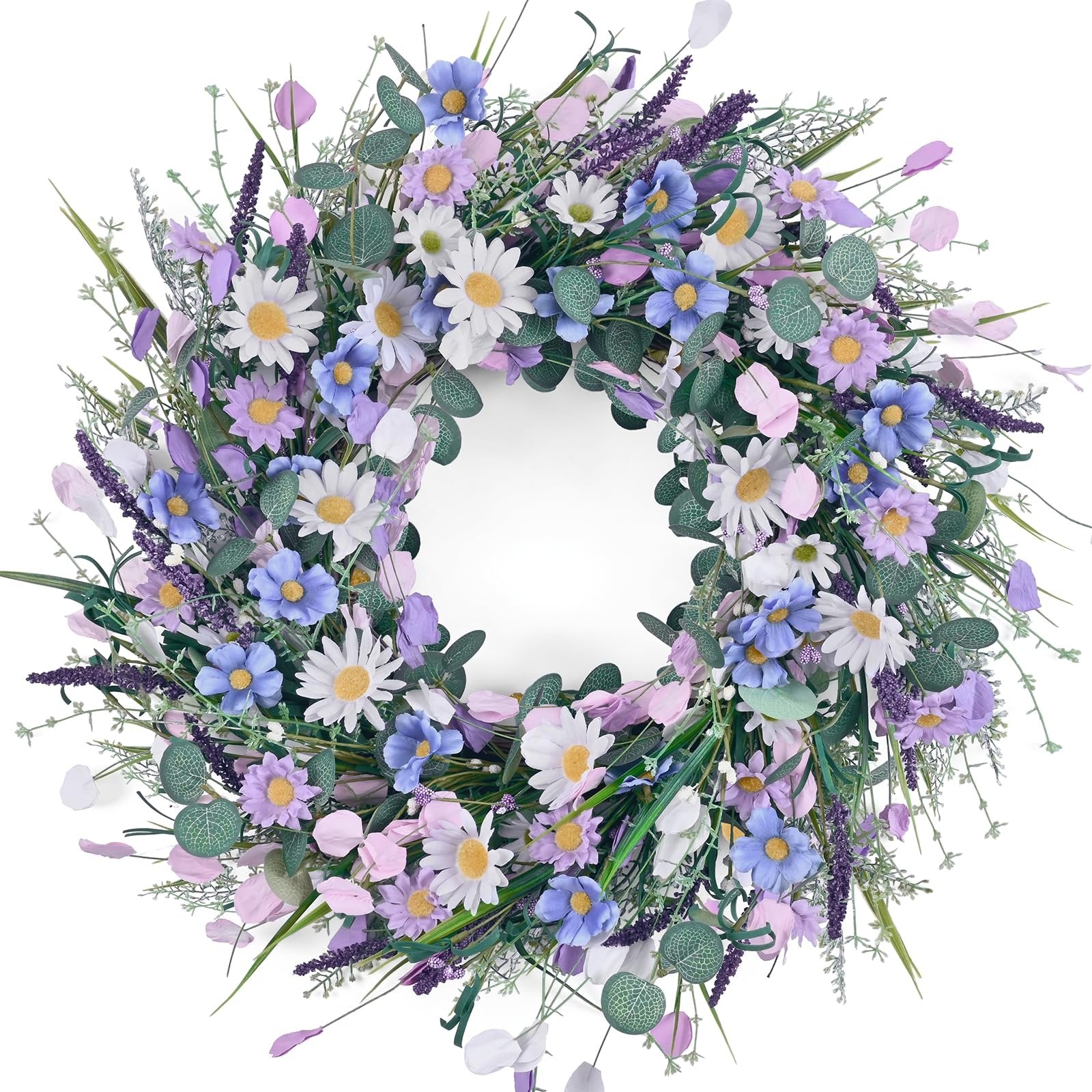 22 inch spring daisy wreath with lavender and eucalyptus on a white background