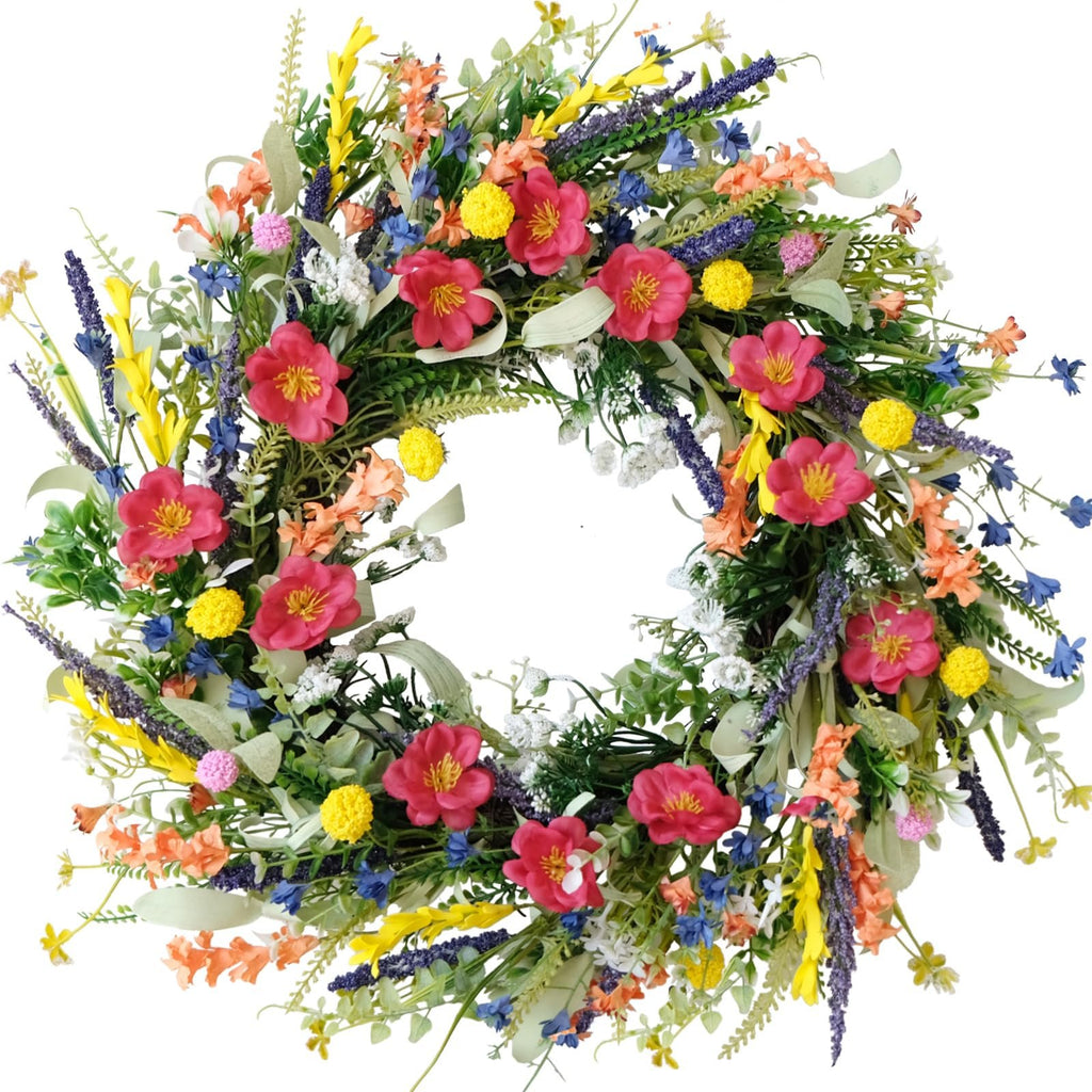 22-inch artificial wildflower and lavender wreath with pink, yellow, and blue flowers on a white background
