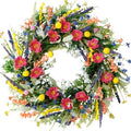 22-inch artificial wildflower and lavender wreath with pink, yellow, and blue flowers on a white background