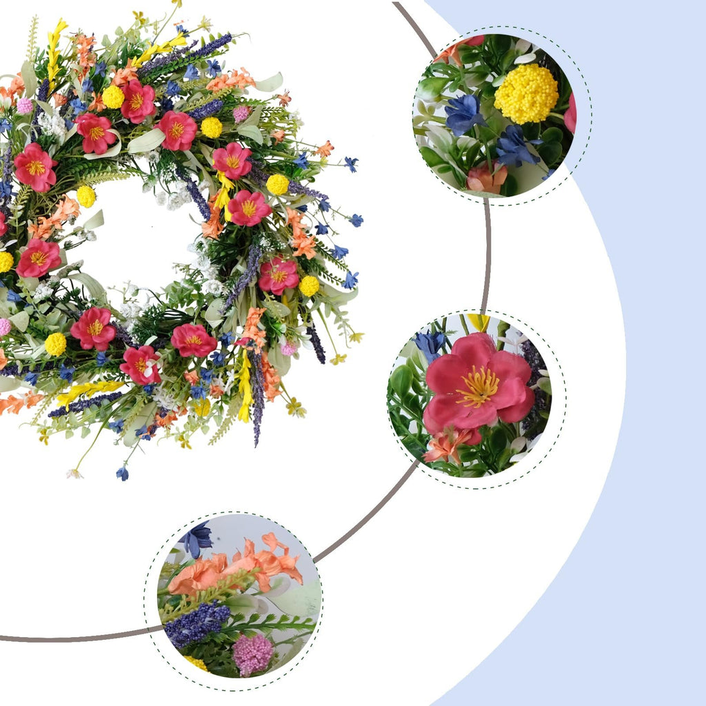 Close-up of a 22-inch artificial wildflower and lavender wreath with pink, yellow, and blue flowers, shown with three inset detail views.