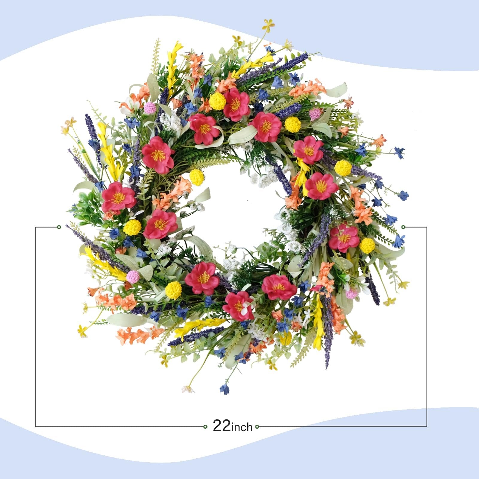 22-inch artificial wildflower and lavender wreath with pink, yellow, and blue flowers on a white background.