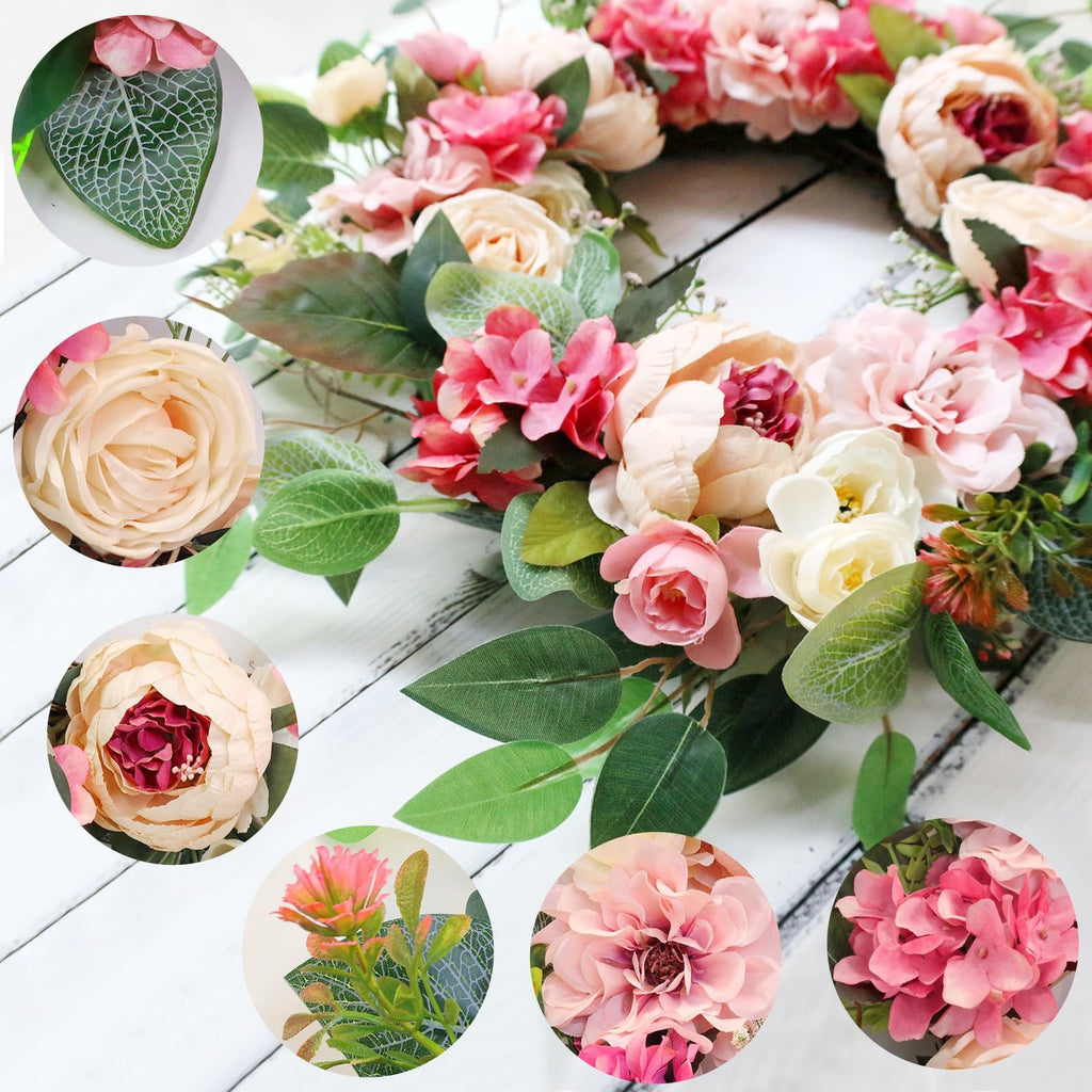 Floral wreath with pink and cream peonies, roses, and hydrangeas on a white wooden background, with inset circular photos of individual flowers and leaves.