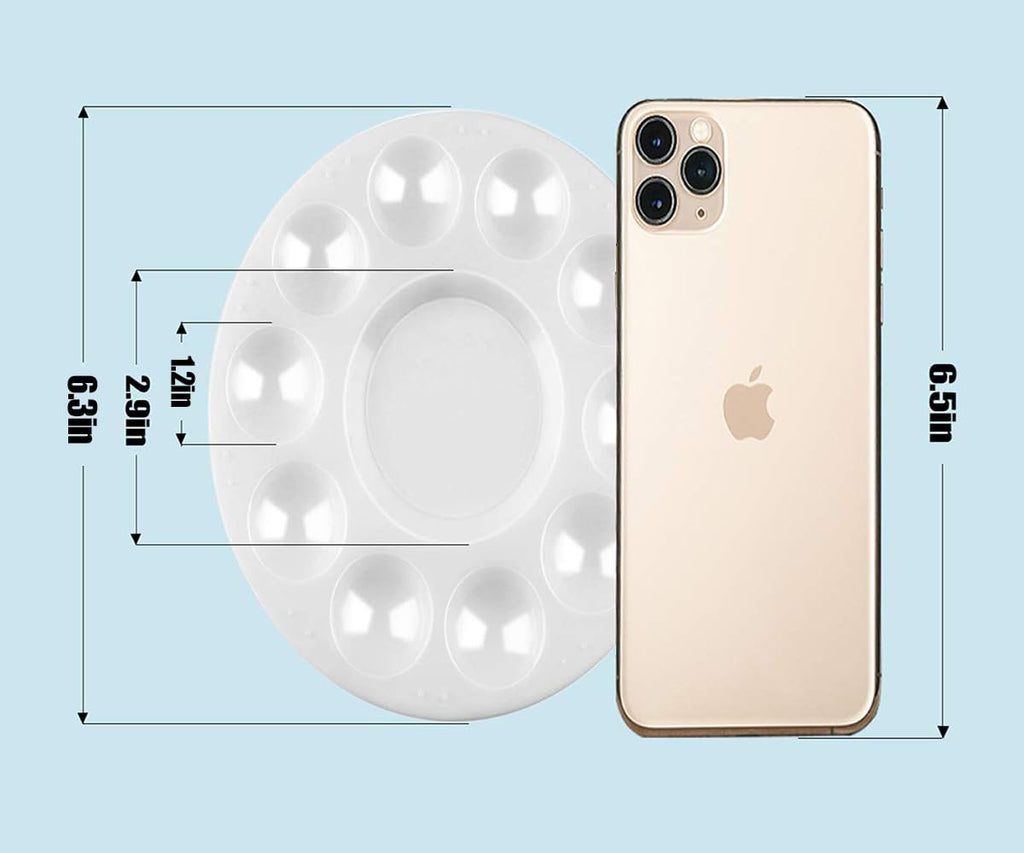 White 10-well round plastic paint palette shown next to a smartphone for size comparison, with dimensions indicated.