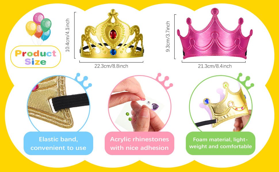 DIY foam princess crowns with size dimensions, elastic band, rhinestones, and material details