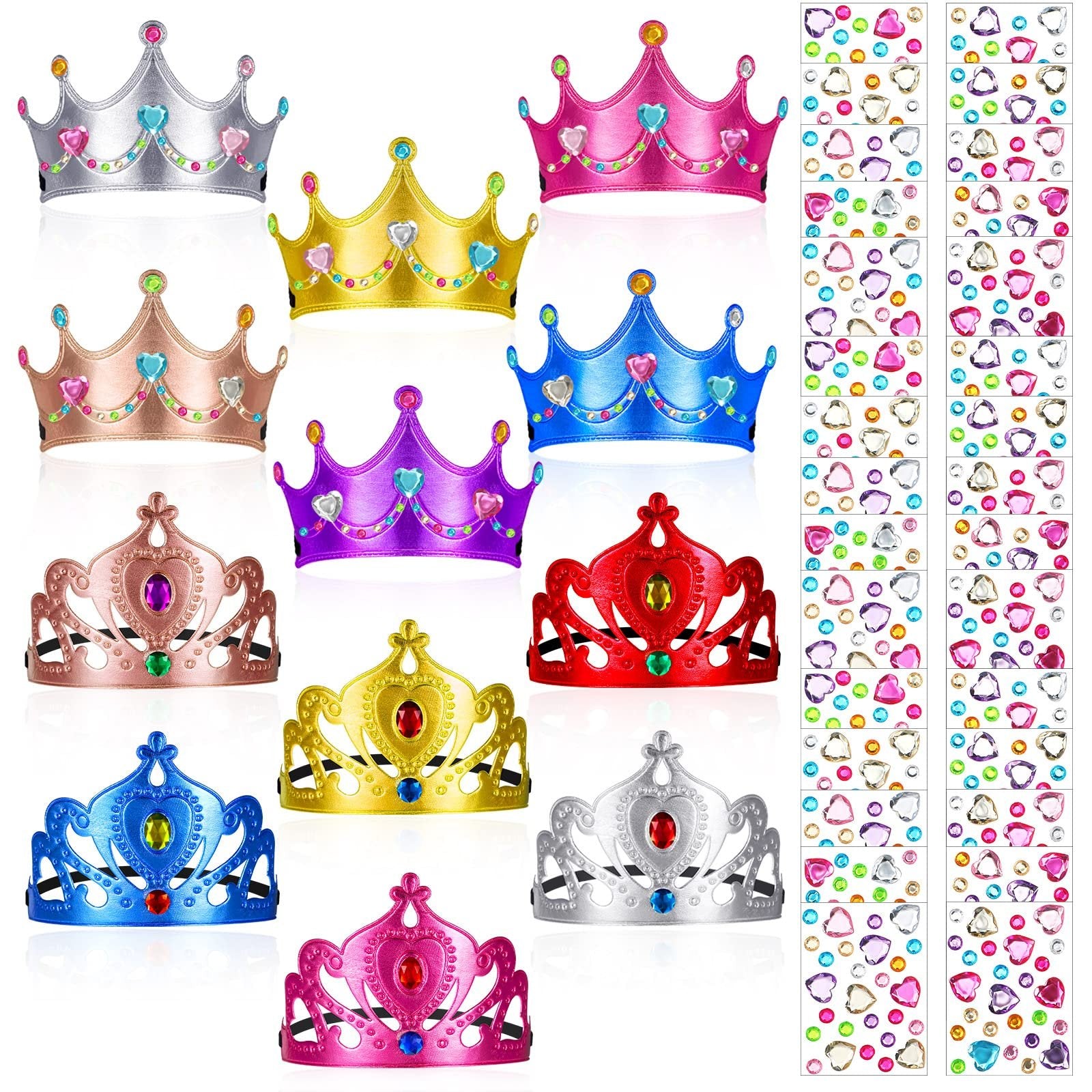 Assortment of 12 colorful DIY foam princess crowns and sheets of crystal diamond stickers